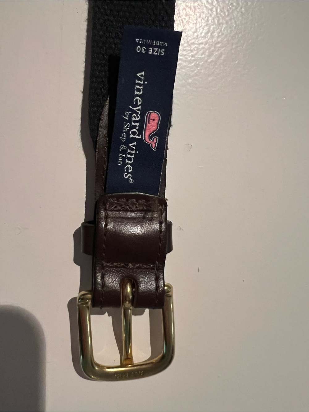 Vineyard Vines Navy Strap with Brown Leather Trim and Gold Buckle Kids Belt